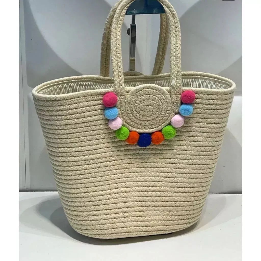 Bolsa de Praia Feminina com Pompons Coloridos