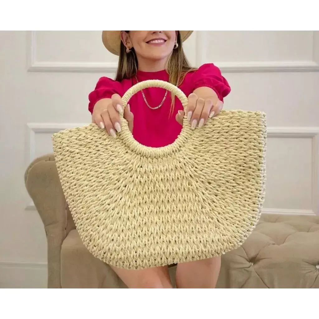 Bolsa Feminina Redonda de Palha – Meia Lua Artesanal