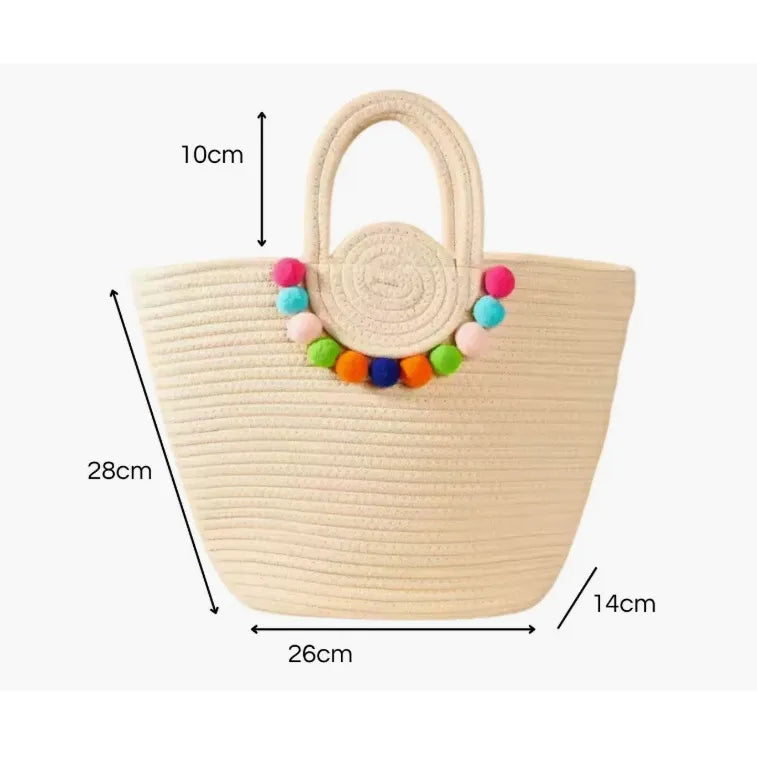 Bolsa de Praia Feminina com Pompons Coloridos