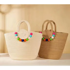 Bolsa de Praia Feminina com Pompons Coloridos