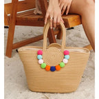 Bolsa de Praia Feminina com Pompons Coloridos