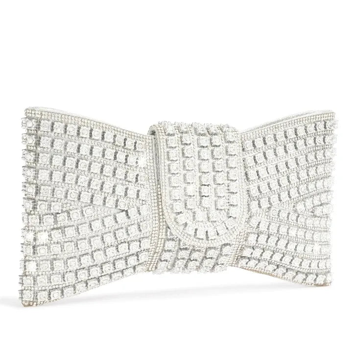 Bolsa Clutch Feminina de Festa – Pedrarias e Laço Elegante Prata ou Dourada