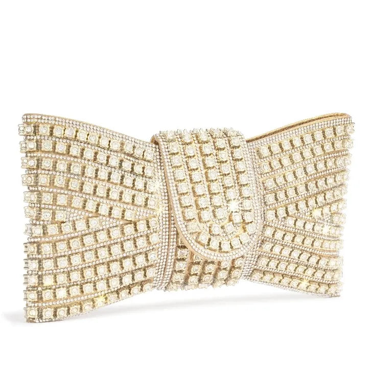 Bolsa Clutch Feminina de Festa – Pedrarias e Laço Elegante Prata ou Dourada