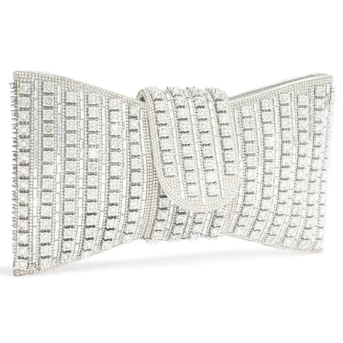 Bolsa Clutch Feminina de Festa – Pedrarias e Laço Elegante Prata ou Dourada