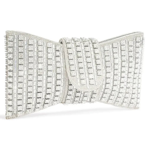 Bolsa Clutch Feminina de Festa – Pedrarias e Laço Elegante Prata ou Dourada
