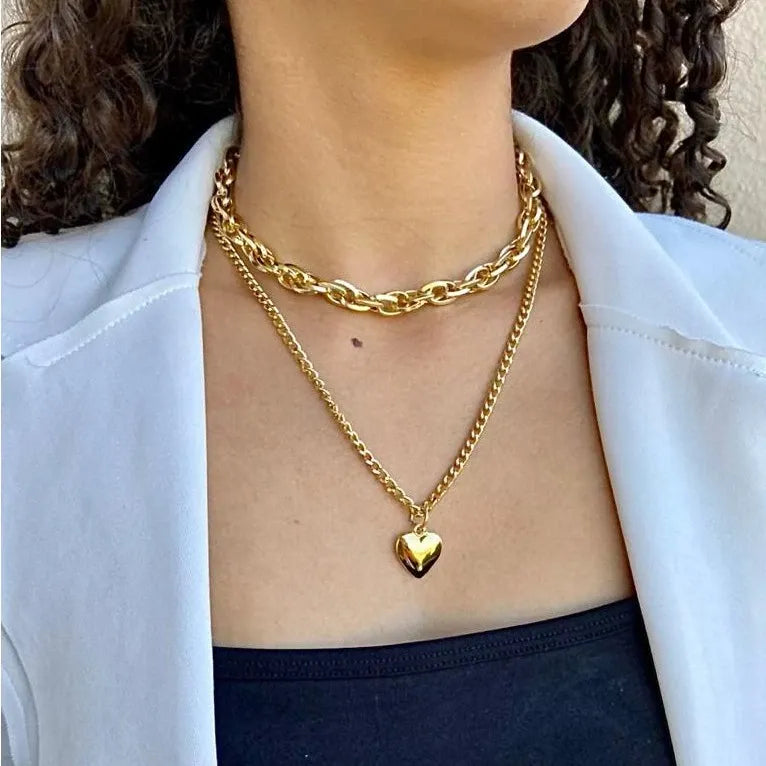 Colar Feminino Duplo Elos Coração Banhado a Ouro 18k